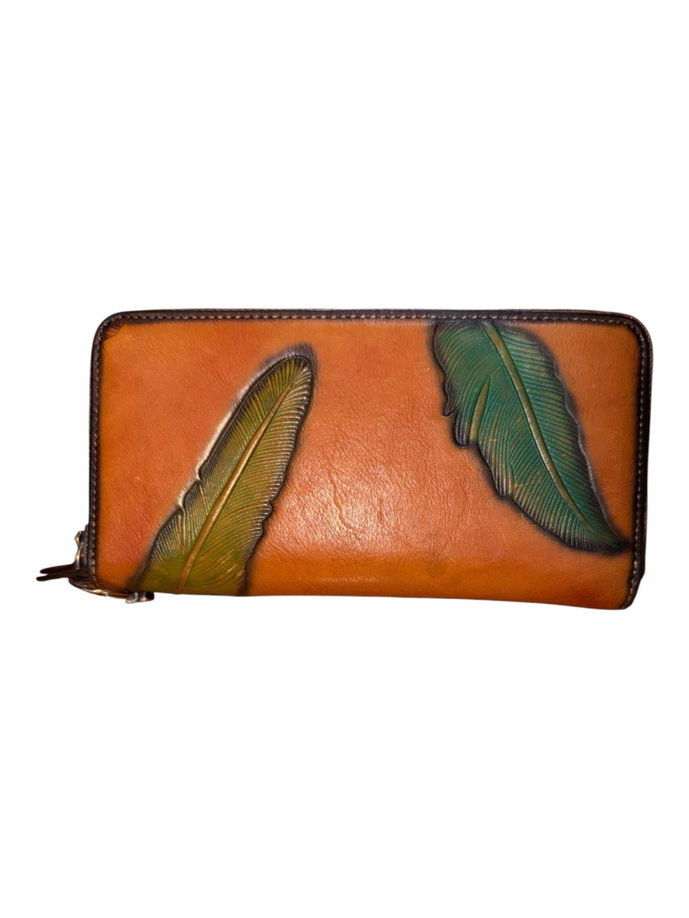 Orange Leather Zip Wallet with Green Feather Motif